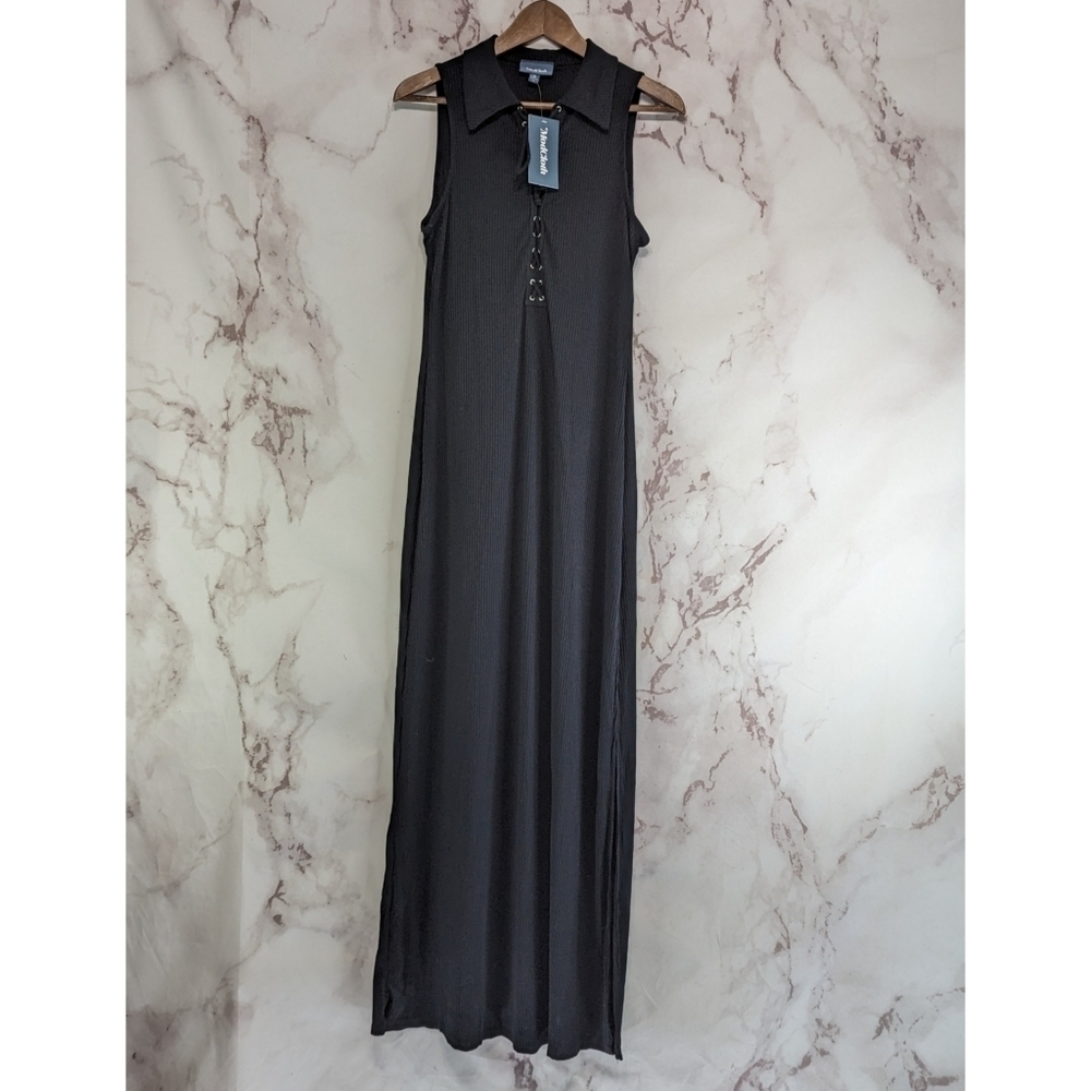 Modcloth Dress Women 8 10 Medium Black Maxi Tank Sleeveless Rib Lattice Tie